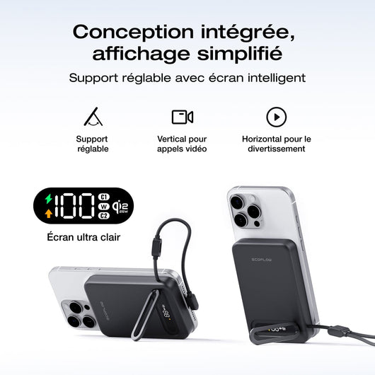Batterie externe EcoFlow RAPID Mag Qi2.2 (10 000 mAh, 25 W, câble USB-C intégré)