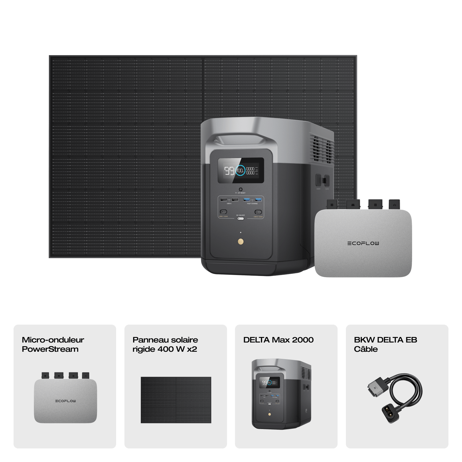 EcoFlow DELTA Max Générateur solaire (Rigide PV400W*2) DELTA Max 2000 + Micro-onduleur PowerStream 800 W (Câble de batterie inclus) / Sans batterie supplémentaire