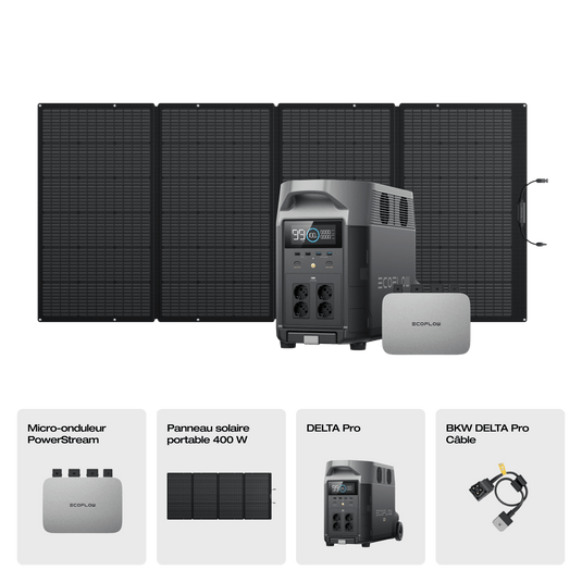 EcoFlow DELTA Pro Générateur solaire (Portable PV400W) 1*400W + DELTA Pro / Micro-onduleur PowerStream 800 W (Câble de batterie inclus)