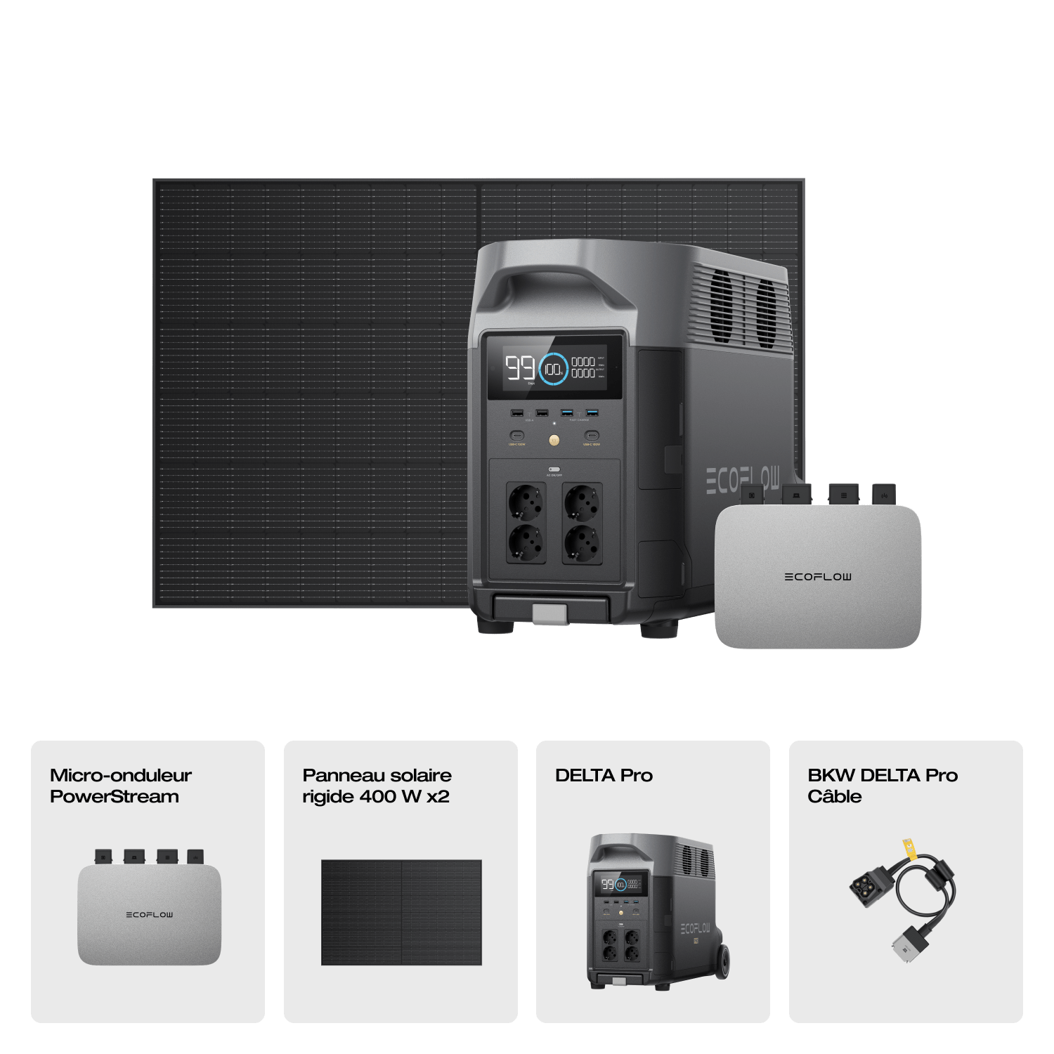 EcoFlow DELTA Pro Générateur solaire (Rigide PV400W) DELTA Pro + 2 x solaires rigides 400 W + Micro-onduleur PowerStream 800 W (Câble de batterie inclus) / Sans batterie supplémentaire