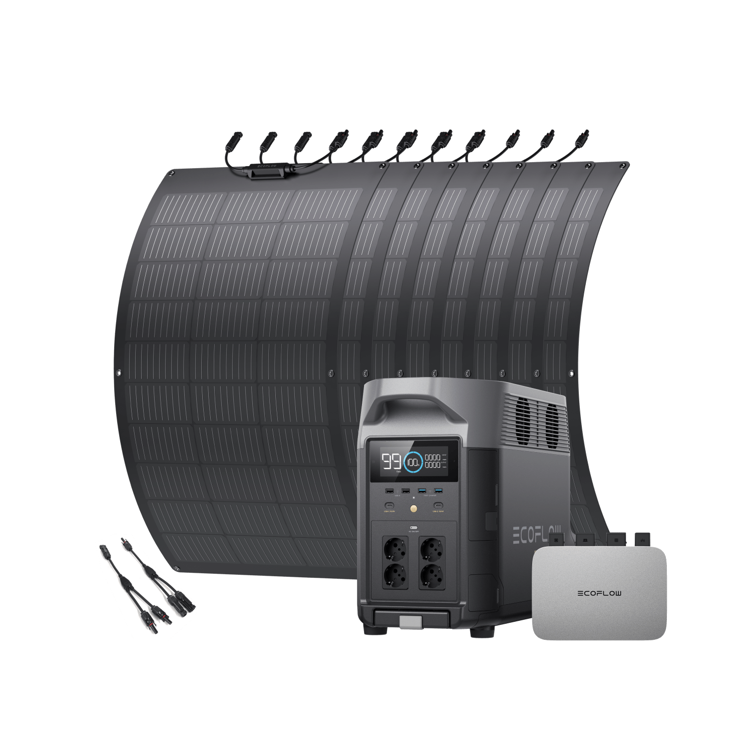 EcoFlow PowerStream Balkonkraftwerk 600W/800W für Balkon 600W + 8 x 100W Flexibles Solarpanel (mit 8 x Nylonkabel) + 2 x Parallelverbindungskabel / DELTA Pro mit Batteriekabel