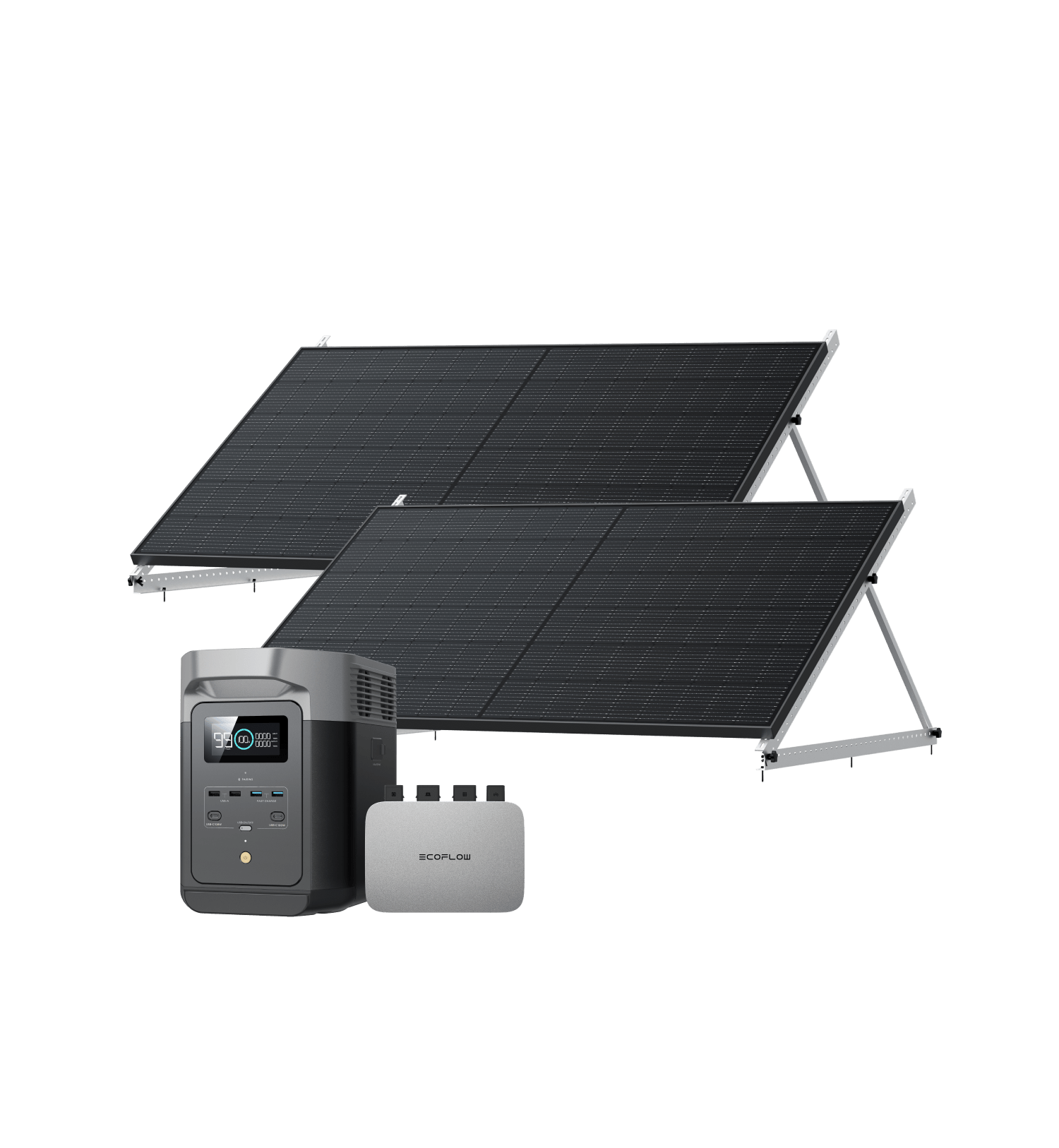 EcoFlow PowerStream Balkonkraftwerk 600W/800W für Garten 600W + 2x 400W Starres Solarpanel (mit 4 x Montagefüße) + 50" Kipphalterung / DELTA 2 mit Batteriekabel / Mit MwSt.