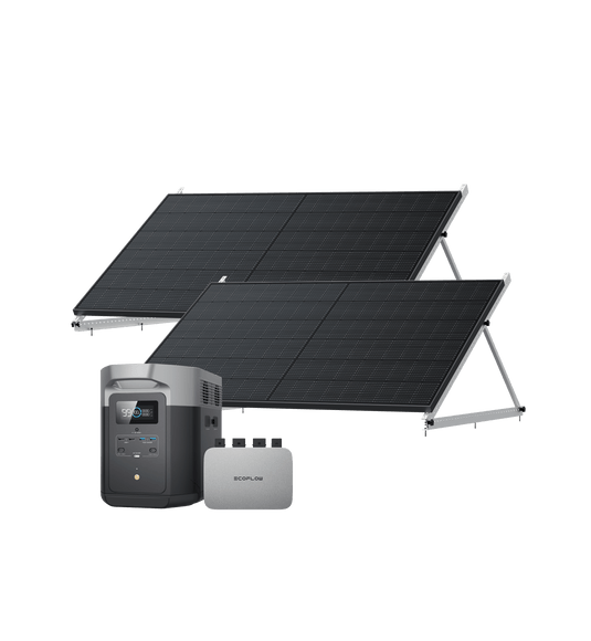 EcoFlow PowerStream Balkonkraftwerk mit Speicher 600W/800W - DELTA Max 2000 600W + 2x 400W Starres Solarpanel (mit 4 x Montagefüße) + DELTA Max 2000 (mit Batteriekabel) / 2 x 50" Kipphalterung / Mit MwSt.