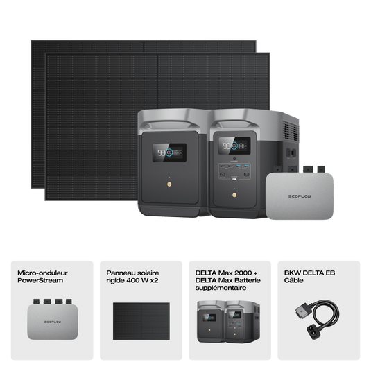 Générateur solaire EcoFlow DELTA Max (Rigide PV 400 W*2) DELTA Max 2000 + Micro-onduleur PowerStream 800 W (Câble de batterie inclus) / Avec batterie supplémentaire
