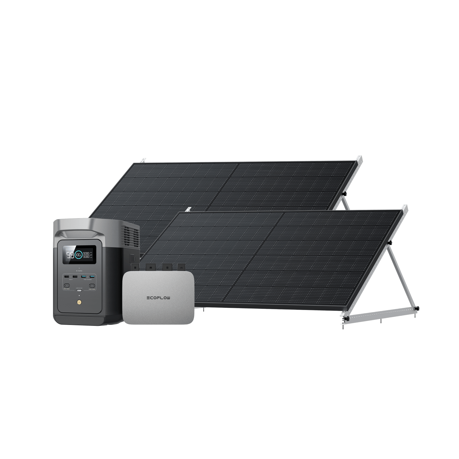 Kit solaire EcoFlow PowerStream - Capacité de stockage de 1 kWh - EcoFlow DELTA 2 800W + 2x 400W Panneau solaire rigide + DELTA 2 (Câble de batterie inclus) / 2 x Support de montage inclinable 50"