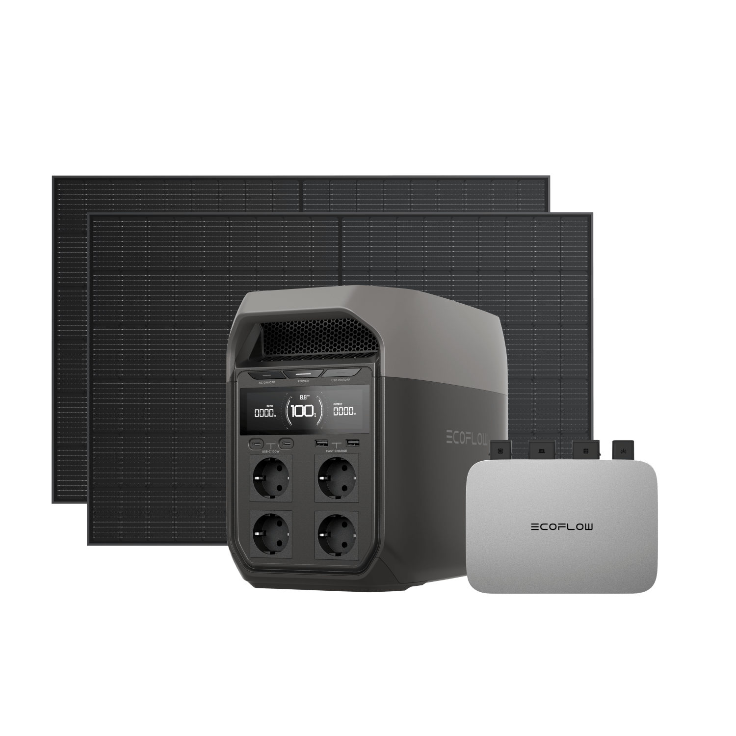 Kit solaire EcoFlow PowerStream - Capacité de stockage de 1 kWh - EcoFlow DELTA 3 800W + 2x 400W Panneau solaire rigide + DELTA 3 (Câble de batterie inclus) / /