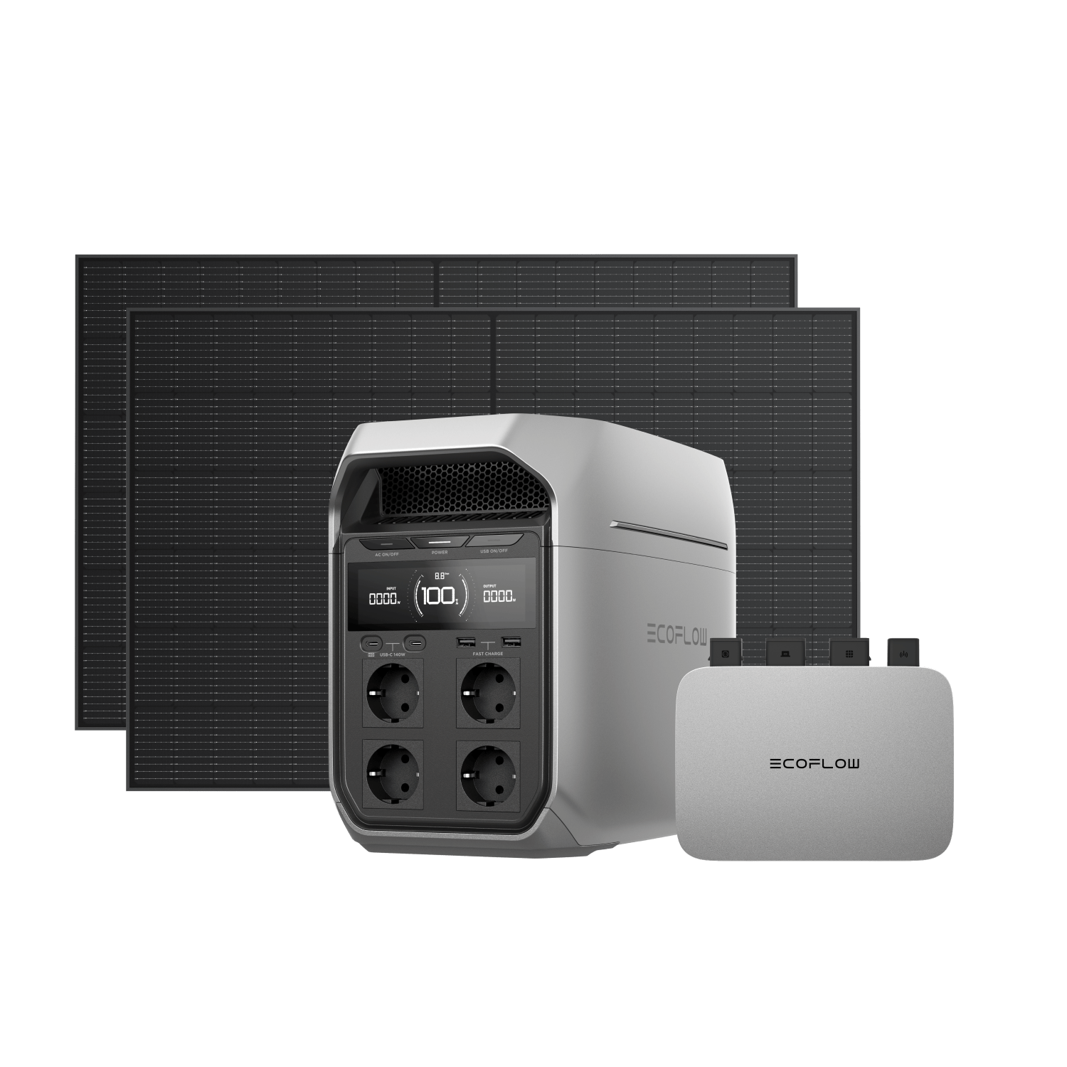 Kit solaire EcoFlow PowerStream - Capacité de stockage de 1 kWh - EcoFlow DELTA 3 800W + 2x 400W Panneau solaire rigide + DELTA 3 Plus (Câble de batterie inclus) / /